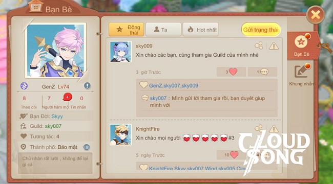 Cloud Song VNG: Cho phép mở trang cá nhân và tương tác ngay trong game