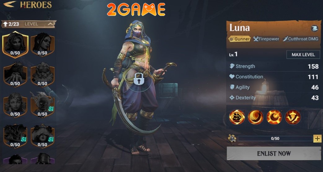 Luna là vị tướng gây sát thương tầm xa với vai trò Gunner trong game Sea of Conquest