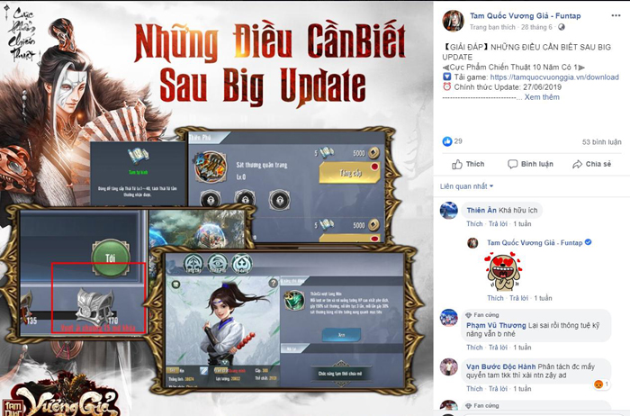 Cộng đồng game thủ Tam Quốc Vương Giả cảm thấy thỏa mãn với bản Big Update 3.0
