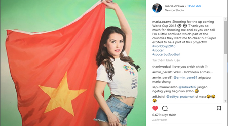 Thánh nữ Maria Ozawa cầm cờ đỏ sao vàng cổ vũ cho U23 Việt Nam